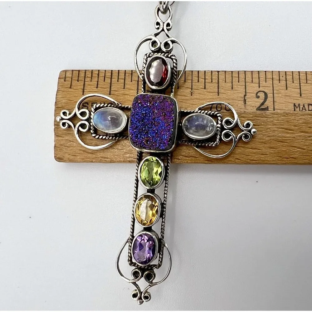 NICKY BUTLER 925 Silver Druzy Gemstone Cross Pendant Necklace - Picture 14 of 15